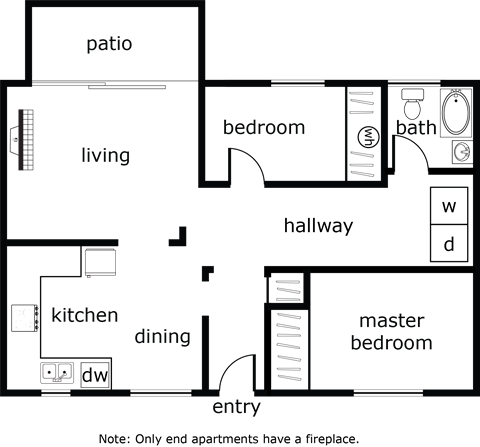 Floor plan for 2 beds, 1 bath, 1000 sqft